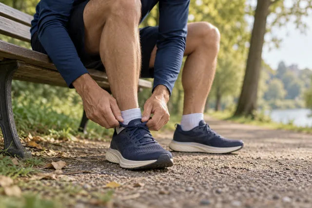 A runner adjusting a shoe before heading out