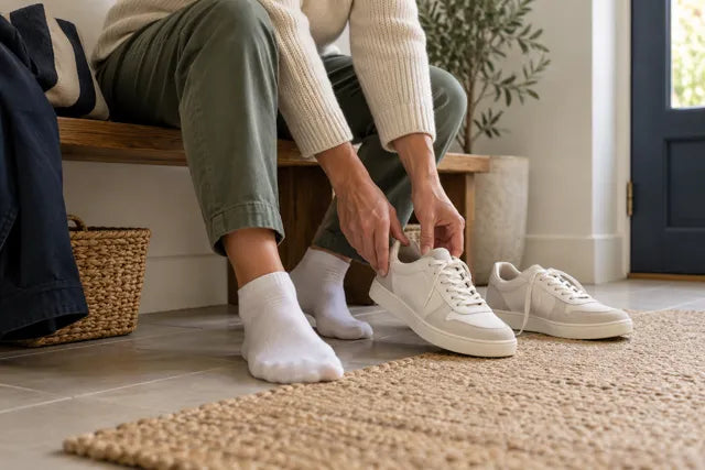 Everyday shoes being prepared for a walk