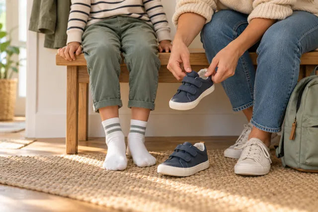 A parent checking a child’s shoe before leaving home