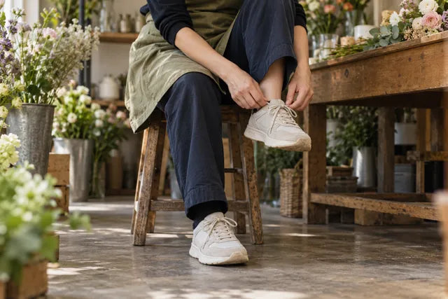 Une personne en tablier ajuste sa chaussure pendant une pause au travail